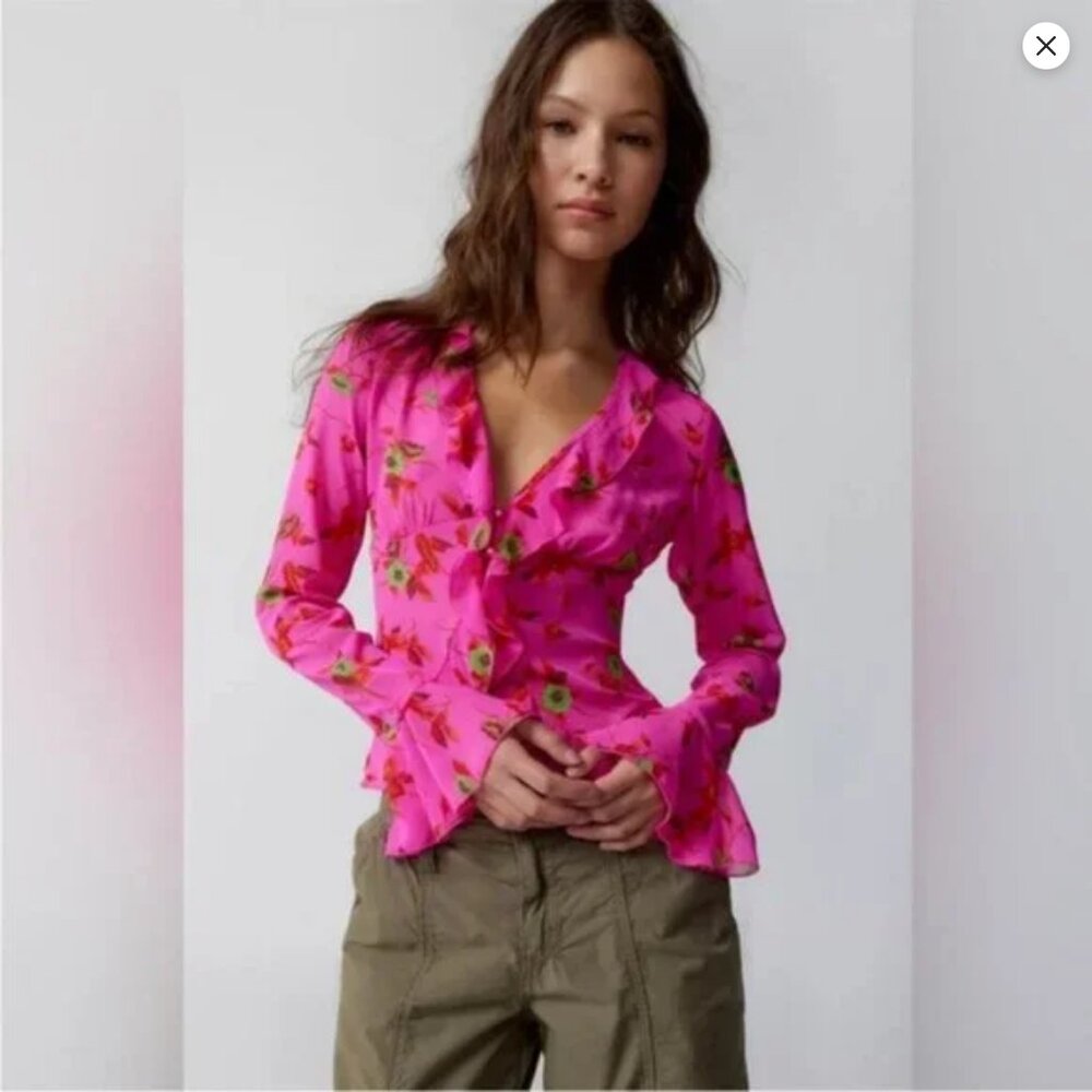 Urban Outfitters x Ecote | Terri Semi Sheer Ruffle Blouse Pink New Small Floral
